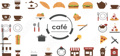 Cafe and Restaurant Food Icon Set with Coffee Cup Burger Pizza Croissant Takeaway Drink Kitchen Utensils and Bakery Menu Vector Collection