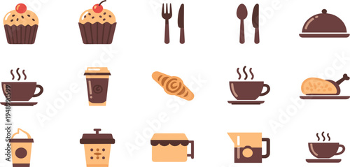 Coffee and Bakery Food Icon Set with Cupcake Croissant Bread Hot Coffee Takeaway Drink Cutlery and Restaurant Serving Symbols Flat Vector Collection