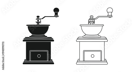 Two vintage coffee grinders depicted in black and white line art