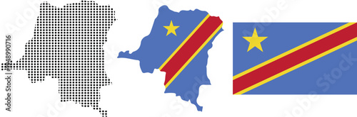 Democratic Republic of the Congo Map with National Flag and Halftone Map Illustration