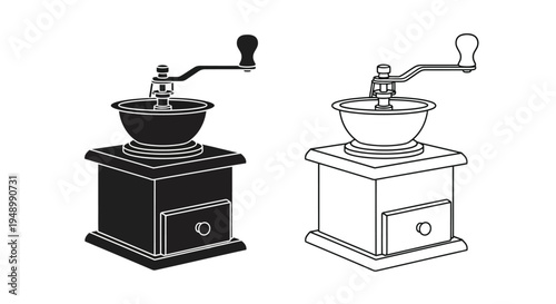 Two vintage coffee grinders depicted in contrasting black and white styles