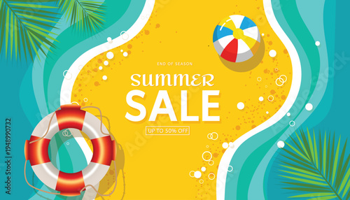 Summer Sale Beach Banner with Lifebuoy and Beach Ball, Tropical Summer Discount Promotion Background