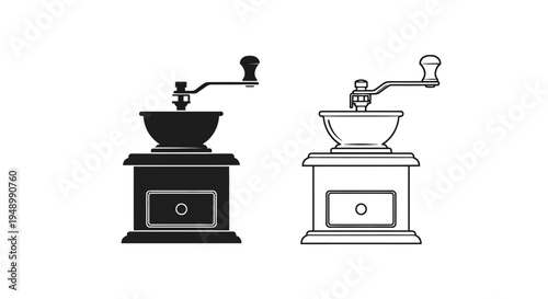 Two vintage coffee grinders in black and white line art style