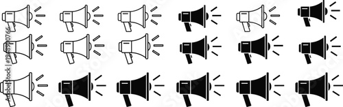 Vector collection of black minimalist speaker icons featuring sound volume levels and mute symbols for digital interface media player and audio control isolated on white background