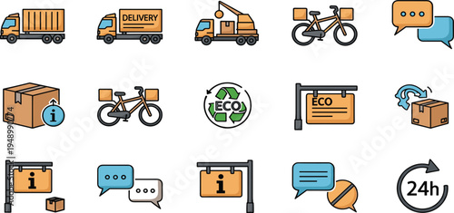 Delivery and Logistics Color Line Icon Set with Truck, Cargo Bicycle, Package Box, Recycling, Chat Message, 24 Hour Shipping and Eco Delivery Symbols