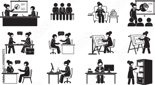 Collection of black silhouette office workers in various professional settings and activities isolated on white background