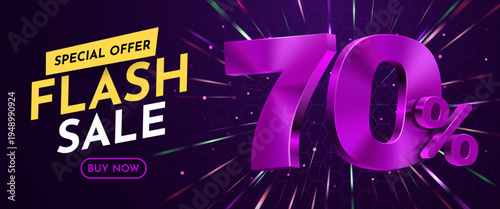 Modern Flash Sale 70 Discount Banner with a vibrant purple design and dynamic glowing background. Vector illustration.