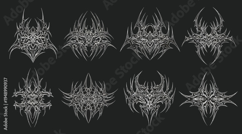 Collection of eight intricate white ornate designs on black background for decoration and artistic projects