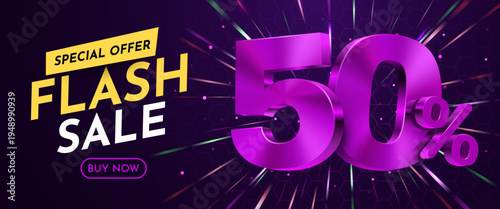 Modern Flash Sale 50 Discount Banner with a vibrant purple design and dynamic glowing background. Vector illustration.
