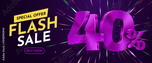 Modern Flash Sale 40 Discount Banner with a vibrant purple design and dynamic glowing background. Vector illustration.
