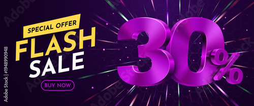 Modern Flash Sale 30 Discount Banner with a vibrant purple design and dynamic glowing background. Vector illustration.