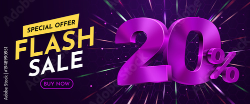 Modern Flash Sale 20 Discount Banner with a vibrant purple design and dynamic glowing background. Vector illustration.