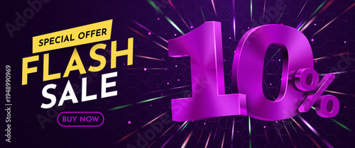 Modern Flash Sale 10 Discount Banner with a vibrant purple design and dynamic glowing background. Vector illustration.