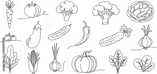 Hand Drawn Vegetable Line Icon Set with Carrot, Tomato, Broccoli, Cucumber, Eggplant, Pumpkin, Onion, Corn and Leafy Greens for Organic Food Design