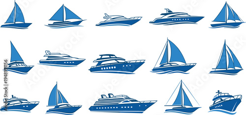 Sailboat and Yacht Marine Transport Icon Set with Sailing Boats Luxury Yachts Ocean Cruise Vessels and Nautical Travel Vector Collection