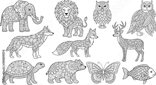 Zentangle Animal Illustration Set Featuring Elephant, Lion, Owl, Wolf, Fox, Deer, Turtle, Bear, Butterfly and Fish in Decorative Line Art Style.