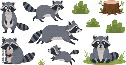 Cute Cartoon Raccoon Character Set with Forest Bush Grass Tree Stump Vector Illustration