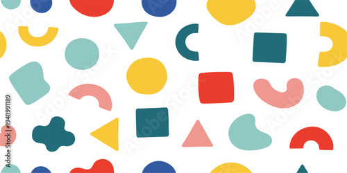 Abstract Geometric Shapes Seamless Pattern with Colorful Circles, Triangles, Squares and Organic Forms for Modern Background, Textile, Wallpaper and Graphic Design
