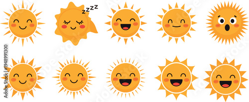 Cartoon sun faces collection with smiling, sleeping, surprised expressions, sunshine rays design, cheerful weather illustration, children’s artwork, flat vector
