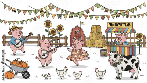 Pigs and Cow Playing Music Together.