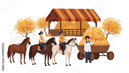Farmers Riding Horses Near Hay Wagon.