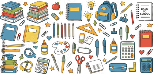 Back to School Education Supplies Doodle Set with Books Backpack Pencils Calculator Scissors Glue Notebook Ruler Stationery Icons for Classroom Study Design