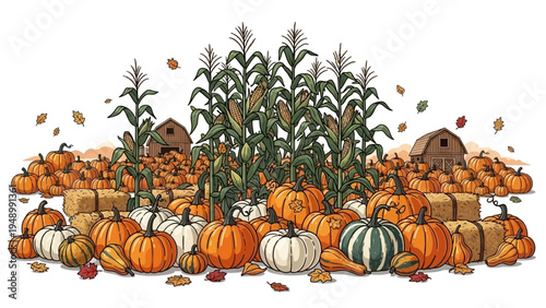 Assorted Pumpkins and Corn Stalks Harvest.