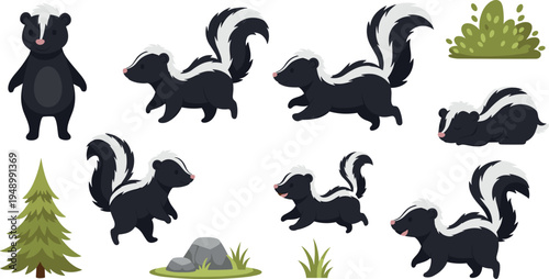 Cute Cartoon Skunk Character Set with Forest Tree Grass Rock Vector Illustration