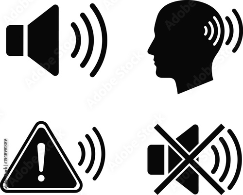 Black silhouette vector icon set featuring sound volume, human head listening, alert warning signal, and muted audio symbols for multimedia and graphic design projects.