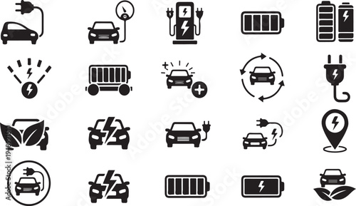 Collection of electric vehicle and sustainable energy icons on white background