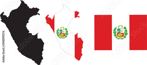 Schilderij op canvas Peru Map with National Flag Country Silhouette and Flag Vector Illustration