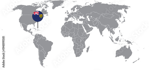 Turks and Caicos Islands Location on World Map with Flag Pin Geographic Illustration