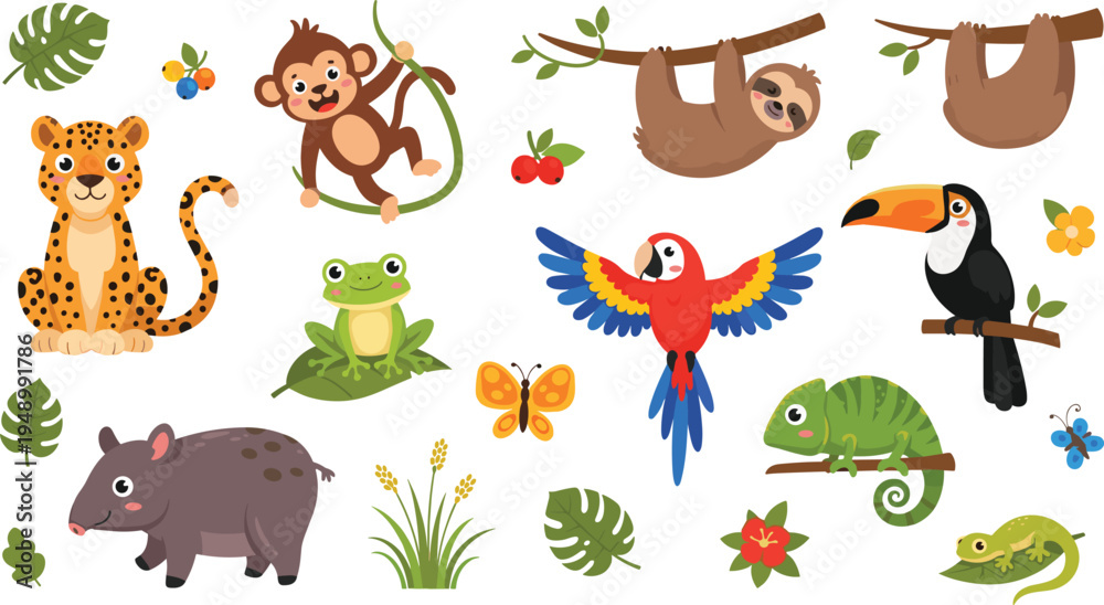 Obraz premium Cute Jungle Animals Illustration Set Featuring Monkey, Sloth, Leopard, Toucan, Parrot, Frog, Chameleon, and Tapir with Tropical Nature Elements.
