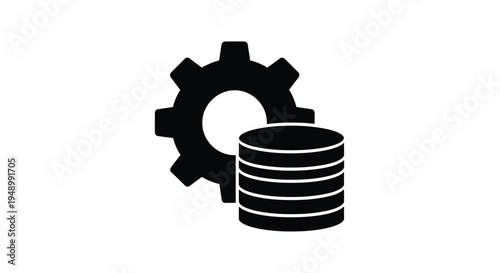 Black silhouette of a gear and stacked cylindrical disks