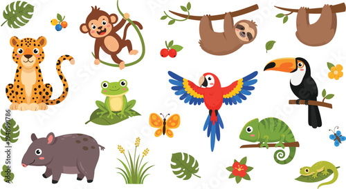 Cute Jungle Animals Illustration Set Featuring Monkey, Sloth, Leopard, Toucan, Parrot, Frog, Chameleon, and Tapir with Tropical Nature Elements.