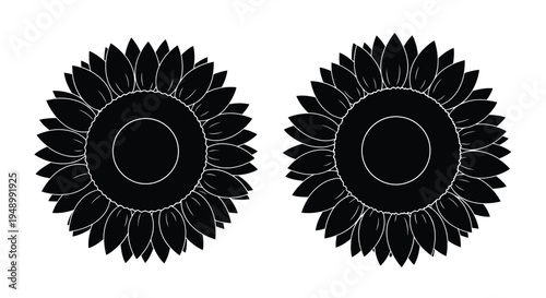 Two black sunflower heads are depicted in a simple graphic style