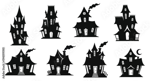 Silhouette collection of spooky haunted houses with smoke and a crescent moon