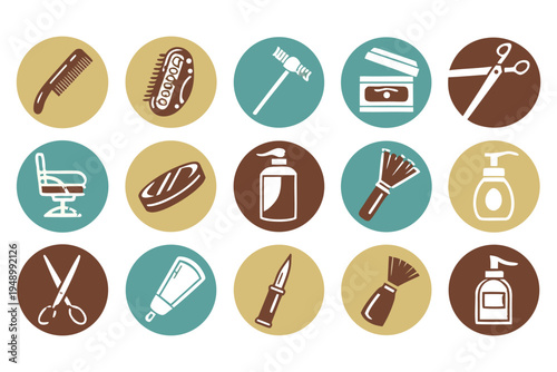 Professional Barber Shop Icon Set with Flat Design Symbols for Grooming. 
Hair Styling including Scissors, Razors, Combs, Shaving Brushes, Clippers. 
Barber Poles for Salon Branding.