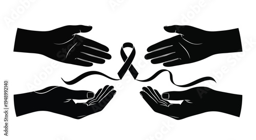 Hands reaching towards a black ribbon symbolizing support and remembrance