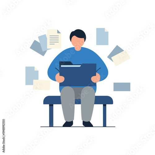 A man in blue sits holding a large dark blue folder, with several light-colored documents floating in the air around him, representing file management.