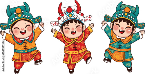 Cute Cartoon Chinese Children Character Set in Traditional Costume Jumping for Lunar New Year Celebration Isolated Vector Illustration for Festival Design
