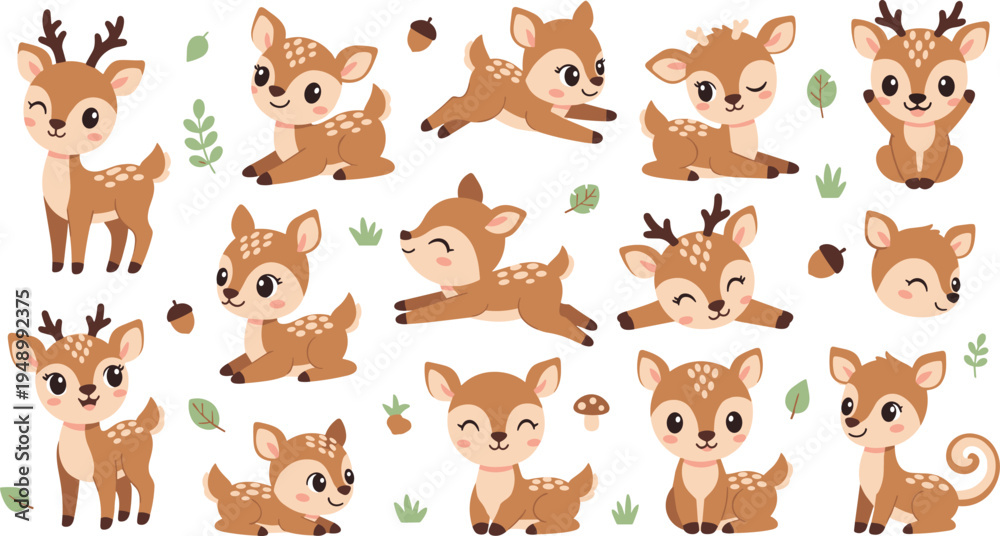 Obraz premium Cute Baby Deer Character Illustration Set Featuring Cartoon Fawns Running, Sitting, Jumping, and Playing with Forest Nature Elements.