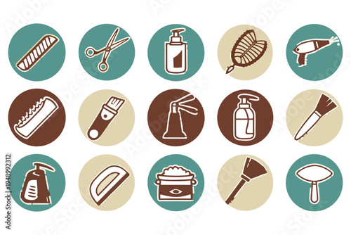 Professional Barber Shop Icon Set with Flat Design Symbols for Grooming. 
Hair Styling including Scissors, Razors, Combs, Shaving Brushes, Clippers. 
Barber Poles for Salon Branding.