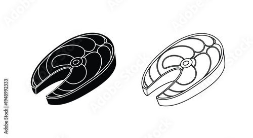 Two salmon steak illustrations one solid one outlined