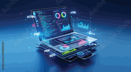 A futuristic laptop with digital graphs and seo keywords on the screen and surrounding it on a blue background