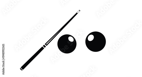 Minimalist depiction of billiard balls and a cue stick in black and white