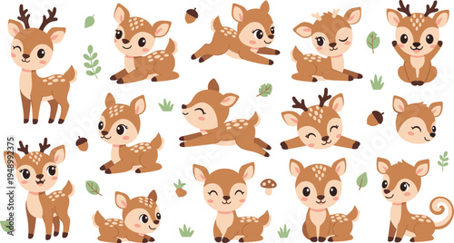 Cute Baby Deer Character Illustration Set Featuring Cartoon Fawns Running, Sitting, Jumping, and Playing with Forest Nature Elements.