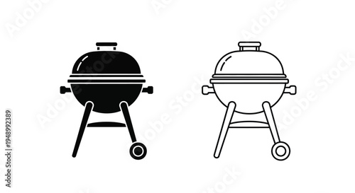Two black and white illustrations of a classic kettle barbecue grill