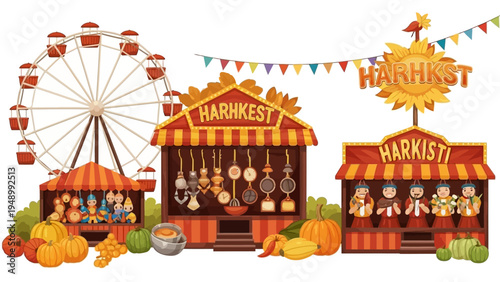 Vibrant Fairground Scene with Ferris Wheel.