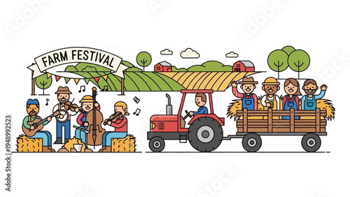 Cartoon Tractor with People Hayride Festival.